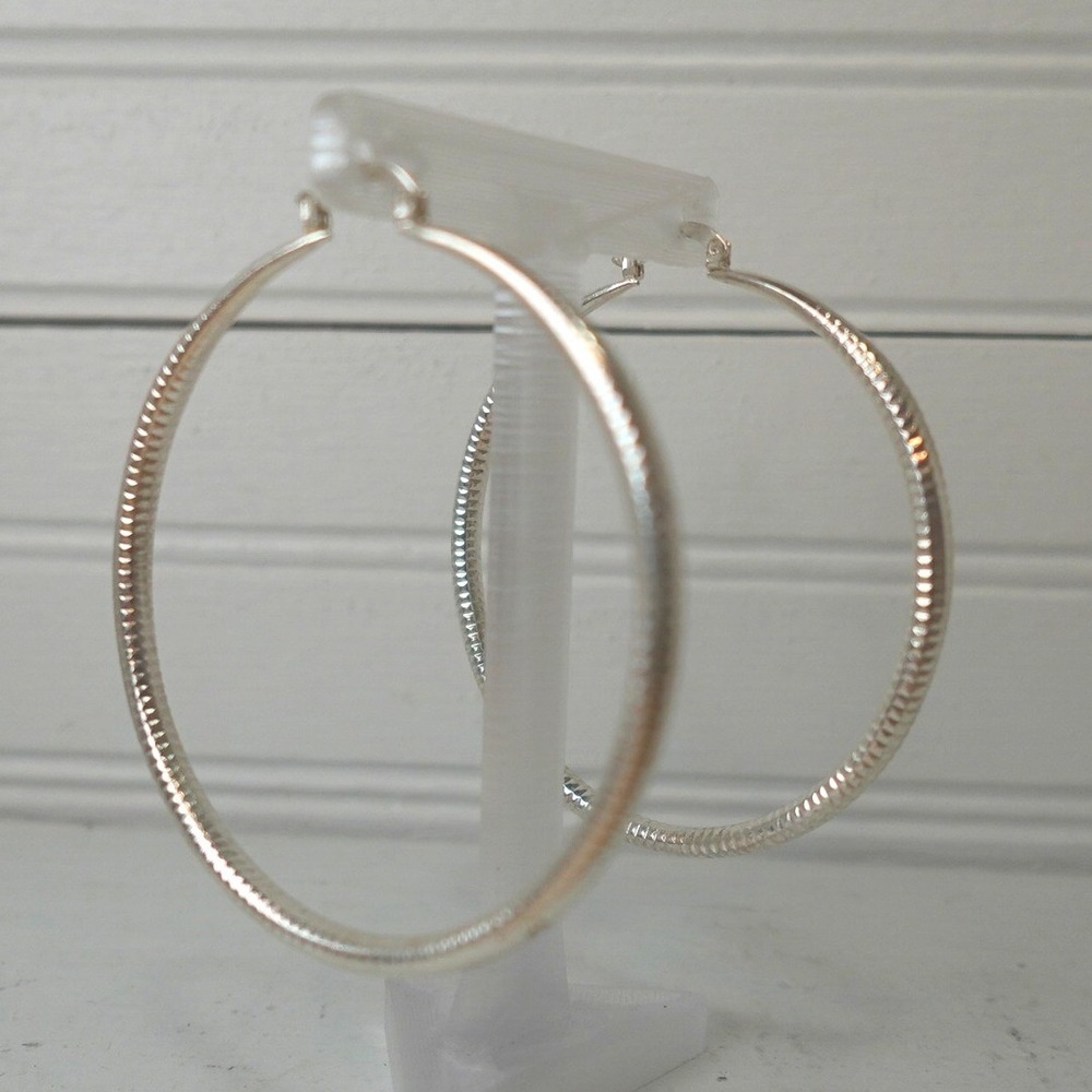 Large Silver Tone Hoop Earrings 3 inch Textured Retro Streetwear Disco Boho
